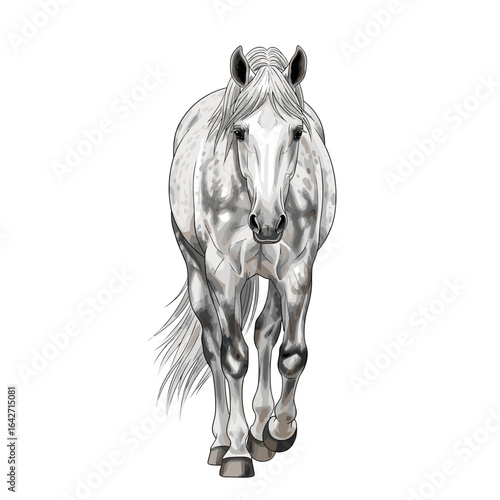 Detailed pencil sketch of a majestic white horse walking towards the viewer