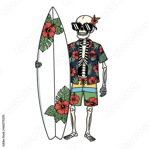 Skeleton surfer wearing hawaiian shirt and sunglasses with surfboard