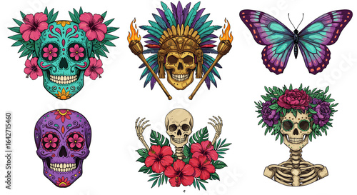 A vibrant collection of stylized sugar skulls adorned with flowers and feathers, alongside a beautiful iridescent butterfly.