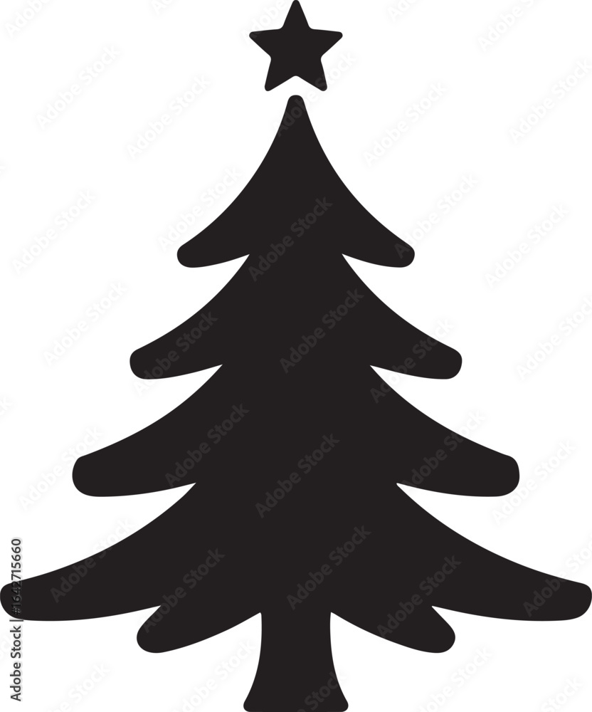 Fototapeta premium Classic Christmas tree silhouette with star on top simple vector icon design black color silhouette on white background