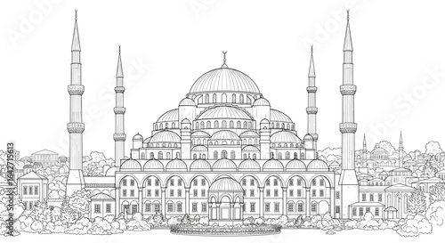 Detailed architectural sketch of a grand mosque with multiple domes and minarets
