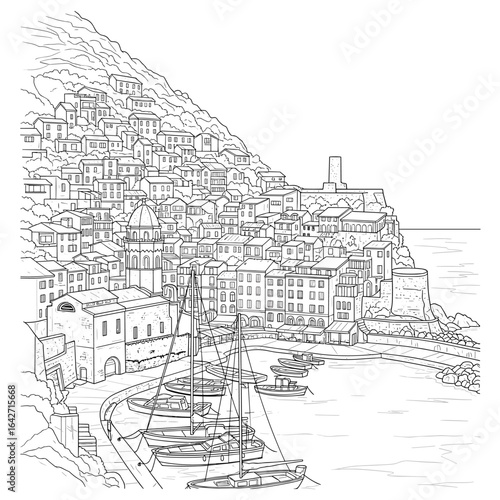 Sketch of a charming coastal village nestled on a steep hillside overlooking the sea with a sailboat