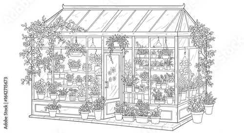 Detailed line drawing of a classic greenhouse filled with plants and vines