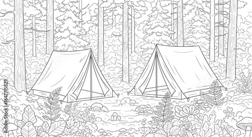 Two vintage canvas tents set up in a forest clearing with tall trees