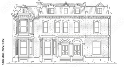 Detailed architectural line drawing of a historic victorian townhouse with bay windows and mansard roof