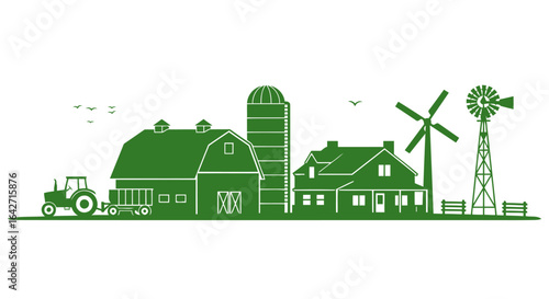serene farmland silhouette tractor barn and windmill at sunset