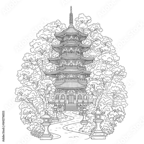 Intricate line drawing of a traditional japanese pagoda surrounded by lush trees and stone lanterns