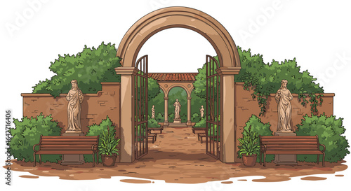 Elegant italian garden entrance with arched gateway and statues