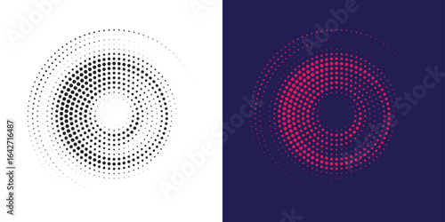 Halftone circle frame dotted background set. Round border Icon using halftone random circle dots raster texture. Grunge circular stain. Vector illustration.
