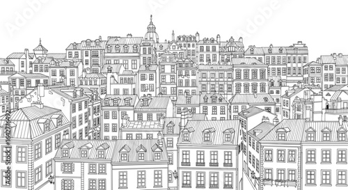 Detailed architectural sketch of a dense european city skyline with many buildings and rooftops