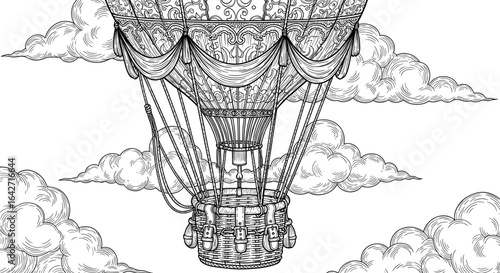 Intricate antique hot air balloon with detailed basket and ornate canopy floating in the clouds