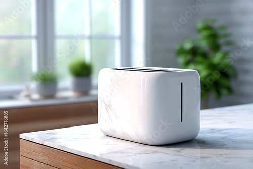 Modern White Toaster on Marble Kitchen Counter with Green Plants in Background