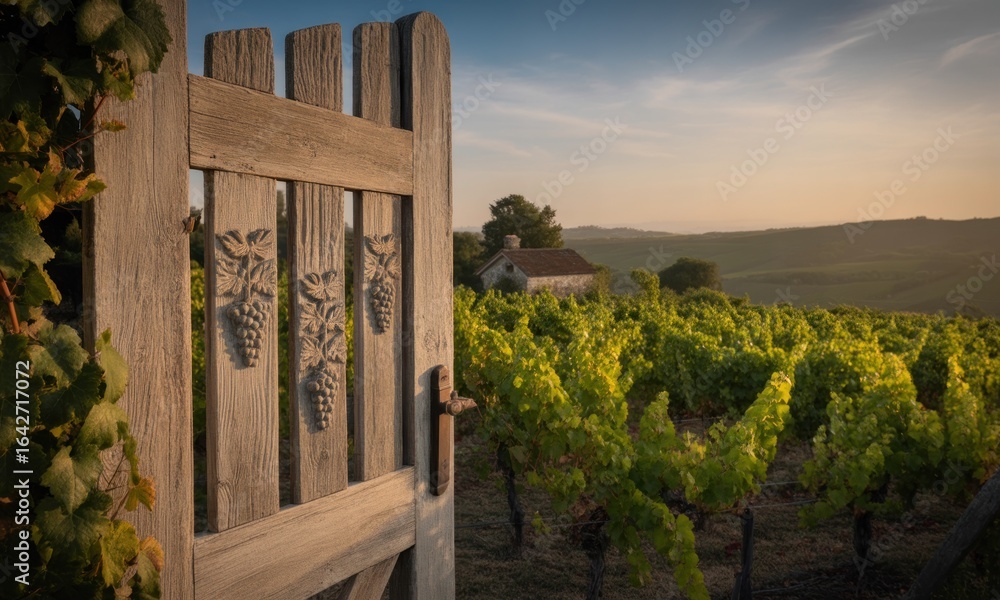Fototapeta premium Rustic wooden gate opens onto vineyard, distant house, and sunset sky