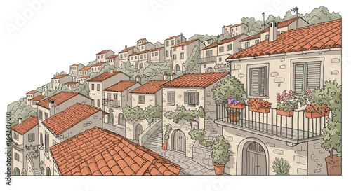 Charming european hillside town with terracotta roofs and white buildings