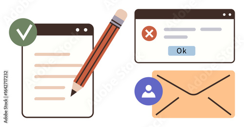Pencil with a checklist and notification boxes representing task completion, error alert, and envelope for communication. Ideal for workflow, messaging, task management, communication, notifications