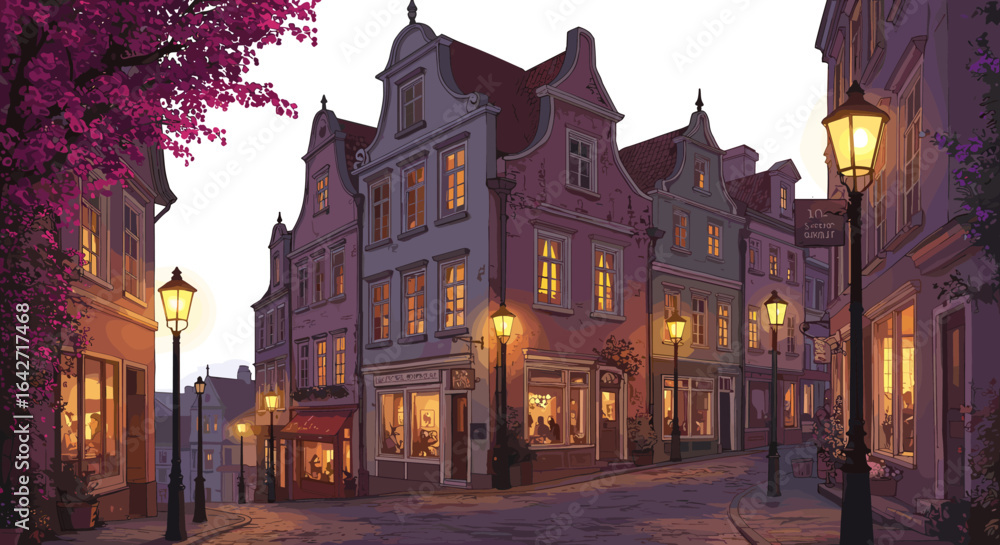Fototapeta premium Charming european street scene with historic buildings and gas lamps at dusk