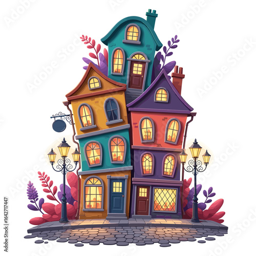 Whimsical crooked houses with glowing windows and streetlights on a cobblestone street