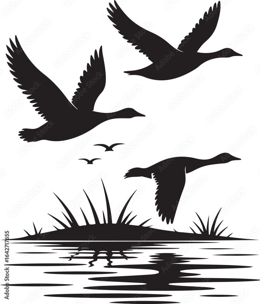 Fototapeta premium Flying geese silhouette vector graphic design near water illustration black color silhouette on white background