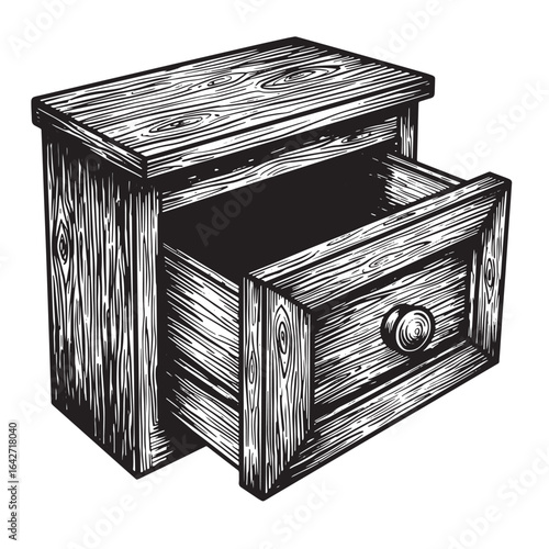Vintage black and white illustration of wooden nightstand with opened drawer design