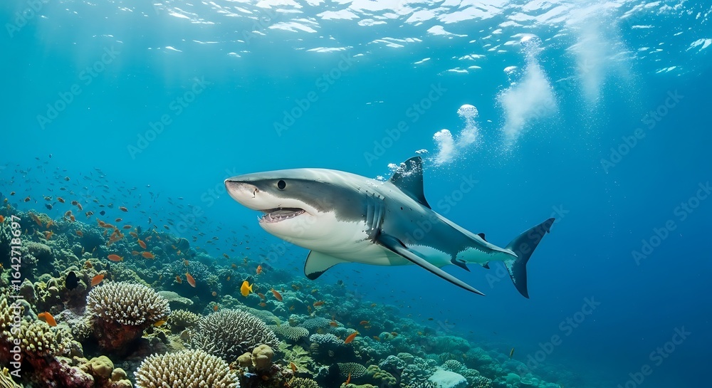 Fototapeta premium Majestic Great White Shark Swimming Gracefully Through Vibrant Coral Reef Surrounded by Colorful Schools of Fish