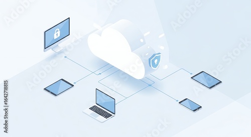 Isometric view of cloud computing network with protected devices and secure data flow, concept for data privacy, cybersecurity solutions and network security
