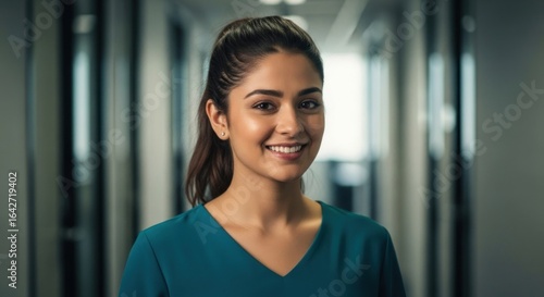 Smiling young woman in office hallway, looking at camera Free Download Smiling young woman in office hallway, looking at camera - GFXLoad