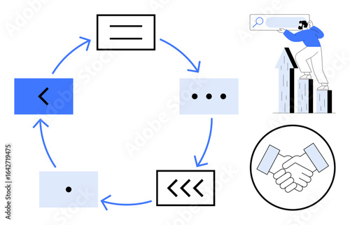 Cycle with arrows connecting blocks, businessman analyzing trends, handshake icon representing collaboration. Ideal for workflow, teamwork, growth, research, partnership business process. Simple