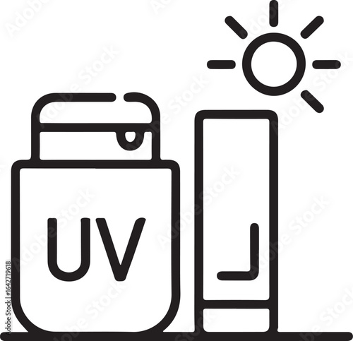 Stylized line art icon of sunscreen and sun protection products for uv defense
