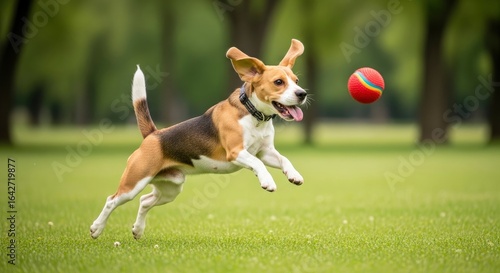 Playful beagle dog jumping to catch a red ball in a grassy park.