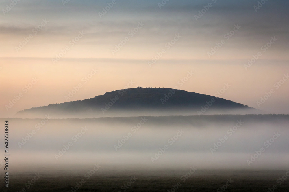 Fototapeta premium Tranquil landscape featuring a misty forest and a mountain during a serene sunrise or sunset