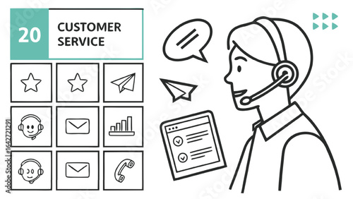 Customer service operator with icons headset microphone