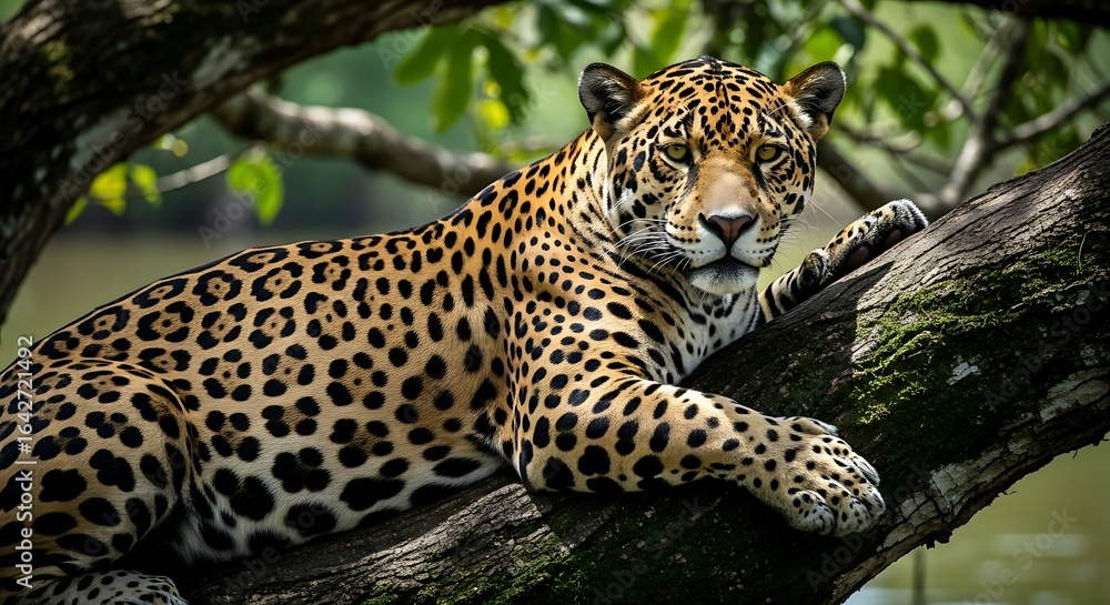 Obraz premium Majestic jaguar lounging gracefully on a tree branch amidst lush greenery, showcasing its stunning spotted coat and fierce gaze.