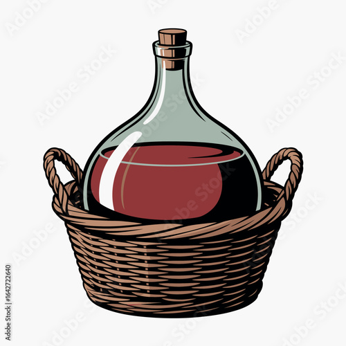 Glass carboy filled with red liquid in a wicker basket