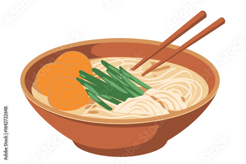 Delicious bowl of udon noodles with vegetables and chopsticks
