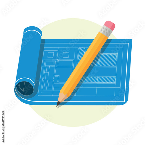 Architectural blueprint with a yellow pencil for design and planning