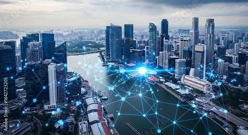 Aerial view of a modern city skyline with a network overlay connecting buildings, symbolizing technology and connectivity.