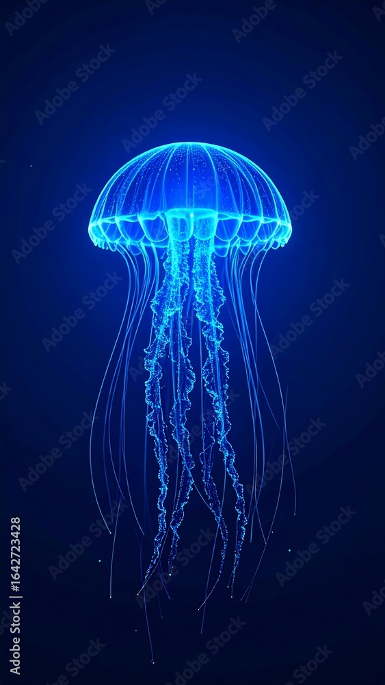 Fototapeta premium Glowing blue jellyfish, detailed tentacles, dark background