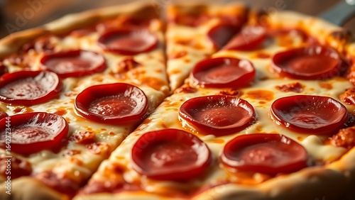 A close-up of a pepperoni pizza showcases gooey melted cheese on a golden crust.