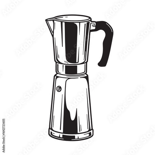Black and white illustration of a classic italian moka pot coffee maker
