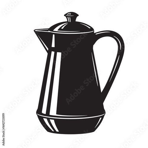 Black and white illustration of a classic vintage coffee pot for brewing beverages