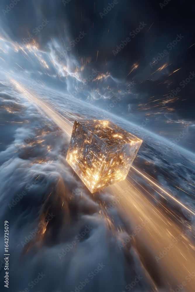 Naklejka premium Luminous Cube Floating Above Cloudscape with Golden Streaks and Sparkles