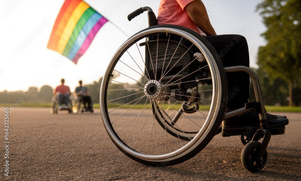 Obraz premium Wheelchair user holding rainbow flag in park, two more blurry in background