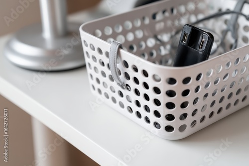 A neatly organized white basket containing a charger and cables on a modern desk with a lamp