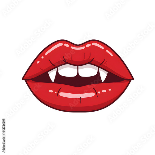 Red lips with sharp fangs suggesting a vampire. Ideal for Halloween or fantasy themes. Close-up illustration.