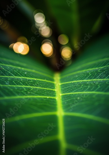 Close Up of Green Leaf with Veins and Dew Drops in Natural Light for Botanical and Nature Content