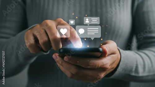 Modern communication A close-up of a person's hands using a smartphone to access social media applications and engage with content such as likes, comments, and messages.