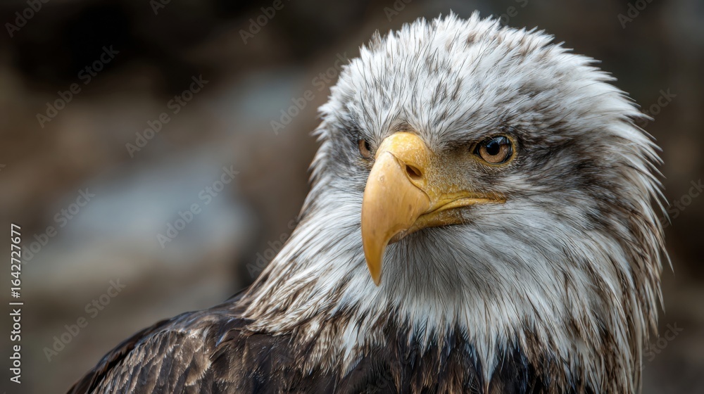 Fototapeta premium A majestic eagle stands on a rocky surface, showcasing its striking features and sharp eyes. The background is blurred but suggests a natural habitat, highlighting the birds grandeur.