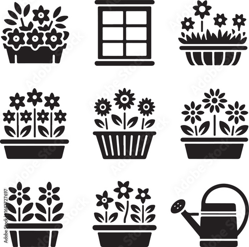 container, gardening, flower, pot, window, box, urban, garden, floriculture, bloom, blossom, home, decor, icon, set, vector