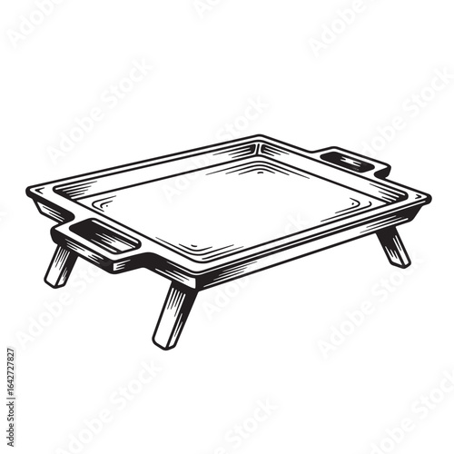 Detailed engraved illustration of a rectangular tray with handles and legs in monochrome