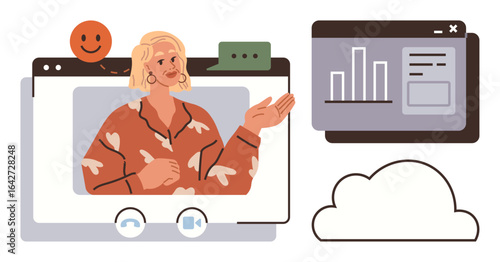 Woman presenting in videoconference window with smiling emotion, speech bubbles, data charts, and cloud element. Ideal for communication, remote work, online meeting, collaboration, technology